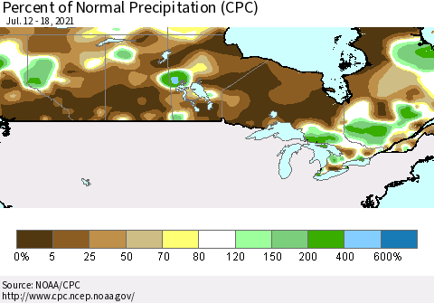 Canada Percent of Normal Precipitation (CPC) Thematic Map For 7/12/2021 - 7/18/2021