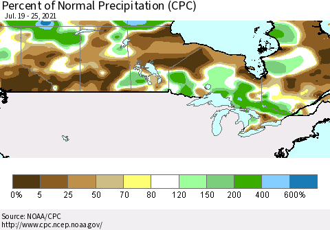 Canada Percent of Normal Precipitation (CPC) Thematic Map For 7/19/2021 - 7/25/2021
