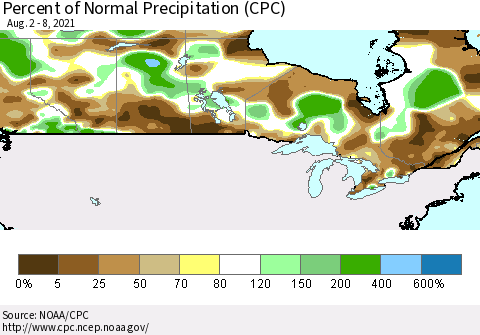 Canada Percent of Normal Precipitation (CPC) Thematic Map For 8/2/2021 - 8/8/2021