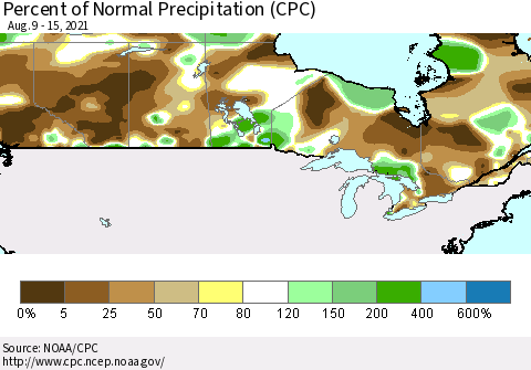 Canada Percent of Normal Precipitation (CPC) Thematic Map For 8/9/2021 - 8/15/2021