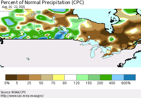 Canada Percent of Normal Precipitation (CPC) Thematic Map For 8/16/2021 - 8/22/2021