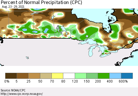 Canada Percent of Normal Precipitation (CPC) Thematic Map For 8/23/2021 - 8/29/2021