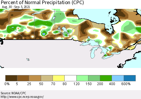 Canada Percent of Normal Precipitation (CPC) Thematic Map For 8/30/2021 - 9/5/2021