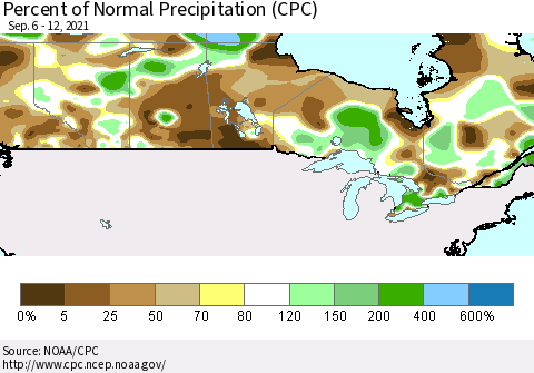 Canada Percent of Normal Precipitation (CPC) Thematic Map For 9/6/2021 - 9/12/2021