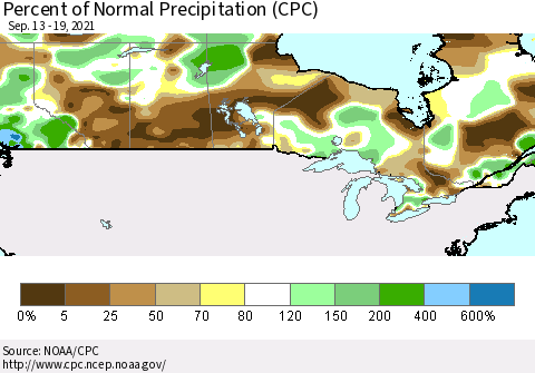 Canada Percent of Normal Precipitation (CPC) Thematic Map For 9/13/2021 - 9/19/2021