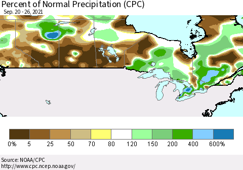 Canada Percent of Normal Precipitation (CPC) Thematic Map For 9/20/2021 - 9/26/2021
