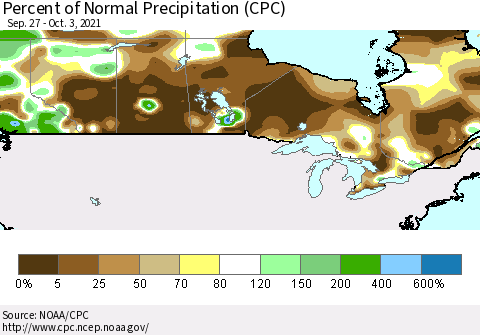 Canada Percent of Normal Precipitation (CPC) Thematic Map For 9/27/2021 - 10/3/2021