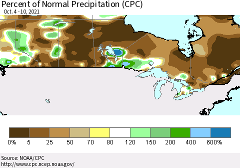 Canada Percent of Normal Precipitation (CPC) Thematic Map For 10/4/2021 - 10/10/2021