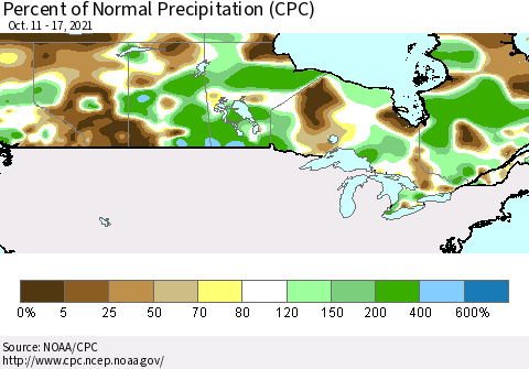 Canada Percent of Normal Precipitation (CPC) Thematic Map For 10/11/2021 - 10/17/2021
