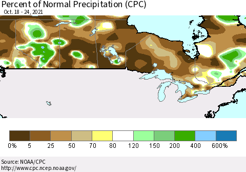 Canada Percent of Normal Precipitation (CPC) Thematic Map For 10/18/2021 - 10/24/2021