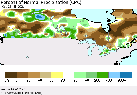Canada Percent of Normal Precipitation (CPC) Thematic Map For 10/25/2021 - 10/31/2021