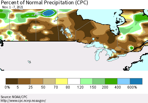 Canada Percent of Normal Precipitation (CPC) Thematic Map For 11/1/2021 - 11/7/2021
