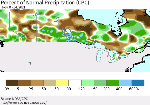 Canada Percent of Normal Precipitation (CPC) Thematic Map For 11/8/2021 - 11/14/2021
