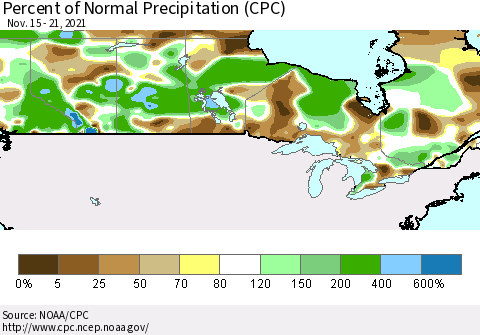 Canada Percent of Normal Precipitation (CPC) Thematic Map For 11/15/2021 - 11/21/2021