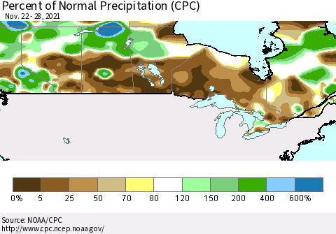 Canada Percent of Normal Precipitation (CPC) Thematic Map For 11/22/2021 - 11/28/2021