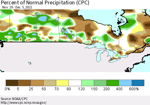 Canada Percent of Normal Precipitation (CPC) Thematic Map For 11/29/2021 - 12/5/2021