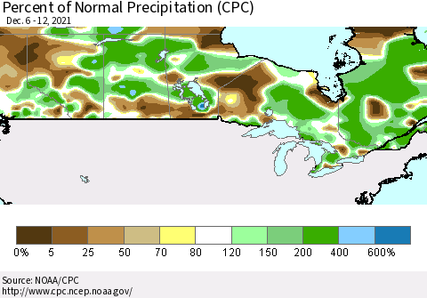 Canada Percent of Normal Precipitation (CPC) Thematic Map For 12/6/2021 - 12/12/2021