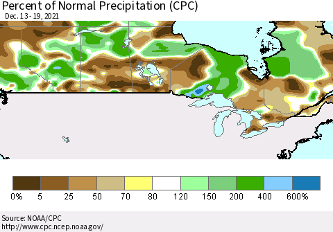 Canada Percent of Normal Precipitation (CPC) Thematic Map For 12/13/2021 - 12/19/2021