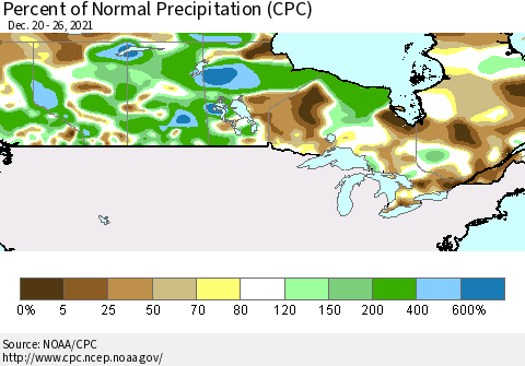 Canada Percent of Normal Precipitation (CPC) Thematic Map For 12/20/2021 - 12/26/2021