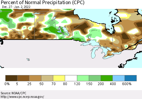 Canada Percent of Normal Precipitation (CPC) Thematic Map For 12/27/2021 - 1/2/2022