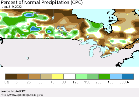 Canada Percent of Normal Precipitation (CPC) Thematic Map For 1/3/2022 - 1/9/2022