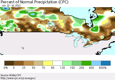 Canada Percent of Normal Precipitation (CPC) Thematic Map For 1/10/2022 - 1/16/2022