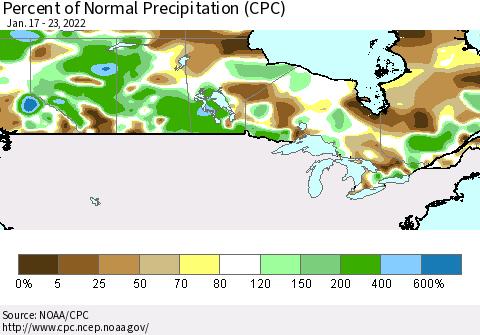 Canada Percent of Normal Precipitation (CPC) Thematic Map For 1/17/2022 - 1/23/2022