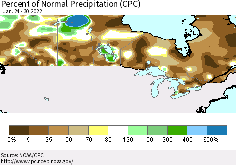 Canada Percent of Normal Precipitation (CPC) Thematic Map For 1/24/2022 - 1/30/2022