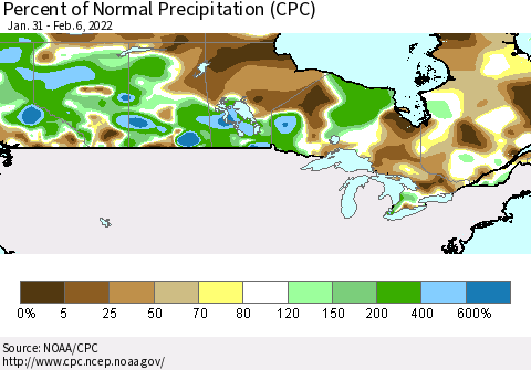 Canada Percent of Normal Precipitation (CPC) Thematic Map For 1/31/2022 - 2/6/2022