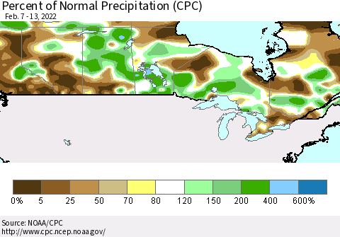 Canada Percent of Normal Precipitation (CPC) Thematic Map For 2/7/2022 - 2/13/2022