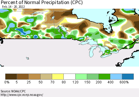 Canada Percent of Normal Precipitation (CPC) Thematic Map For 2/14/2022 - 2/20/2022
