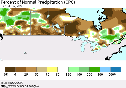 Canada Percent of Normal Precipitation (CPC) Thematic Map For 2/21/2022 - 2/27/2022