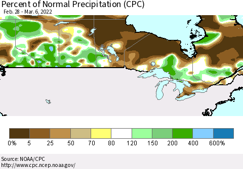 Canada Percent of Normal Precipitation (CPC) Thematic Map For 2/28/2022 - 3/6/2022