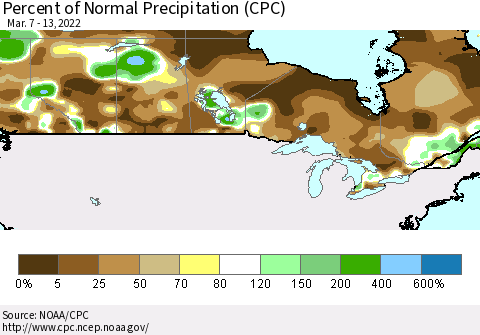 Canada Percent of Normal Precipitation (CPC) Thematic Map For 3/7/2022 - 3/13/2022