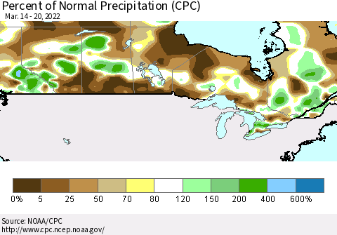 Canada Percent of Normal Precipitation (CPC) Thematic Map For 3/14/2022 - 3/20/2022