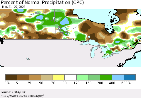 Canada Percent of Normal Precipitation (CPC) Thematic Map For 3/21/2022 - 3/27/2022