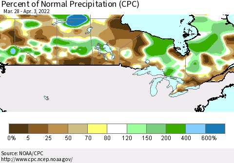 Canada Percent of Normal Precipitation (CPC) Thematic Map For 3/28/2022 - 4/3/2022