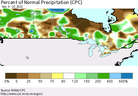 Canada Percent of Normal Precipitation (CPC) Thematic Map For 4/4/2022 - 4/10/2022