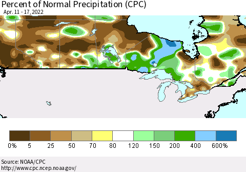 Canada Percent of Normal Precipitation (CPC) Thematic Map For 4/11/2022 - 4/17/2022
