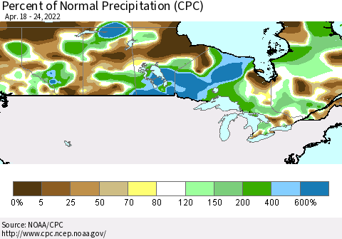 Canada Percent of Normal Precipitation (CPC) Thematic Map For 4/18/2022 - 4/24/2022