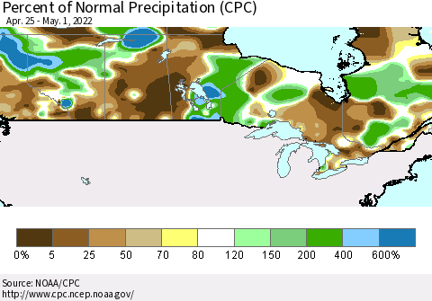 Canada Percent of Normal Precipitation (CPC) Thematic Map For 4/25/2022 - 5/1/2022