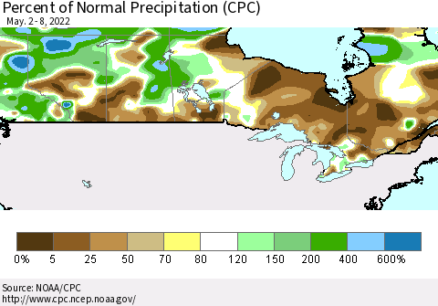 Canada Percent of Normal Precipitation (CPC) Thematic Map For 5/2/2022 - 5/8/2022
