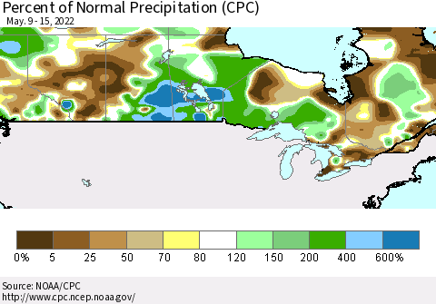 Canada Percent of Normal Precipitation (CPC) Thematic Map For 5/9/2022 - 5/15/2022