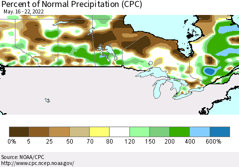 Canada Percent of Normal Precipitation (CPC) Thematic Map For 5/16/2022 - 5/22/2022