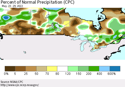 Canada Percent of Normal Precipitation (CPC) Thematic Map For 5/23/2022 - 5/29/2022