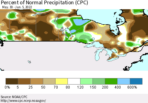 Canada Percent of Normal Precipitation (CPC) Thematic Map For 5/30/2022 - 6/5/2022