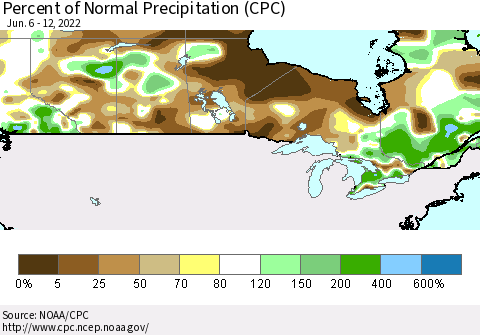 Canada Percent of Normal Precipitation (CPC) Thematic Map For 6/6/2022 - 6/12/2022