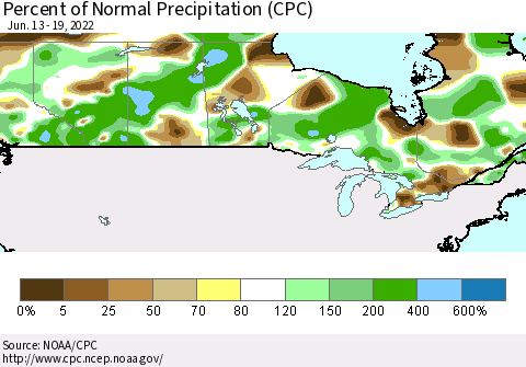 Canada Percent of Normal Precipitation (CPC) Thematic Map For 6/13/2022 - 6/19/2022