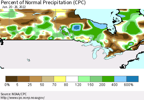 Canada Percent of Normal Precipitation (CPC) Thematic Map For 6/20/2022 - 6/26/2022