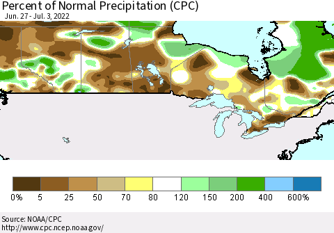 Canada Percent of Normal Precipitation (CPC) Thematic Map For 6/27/2022 - 7/3/2022